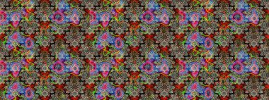 Raster illüstrasyonu. Moda arka planında parlak buketler. Kumaş, duvar kağıdı ve kağıt üzerine baskı yapmak için gelişen arka plan. Eski usul küçük çiçekli şirin bir eskiz deseni..