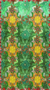 Yaprak ve çiçeklerin suluboya resimleri, yeşil ve kahverengi renkler üzerine çizimler. Raster illüstrasyonu. Yeşil ve kahverengi renklerde bahar çiçekleri..