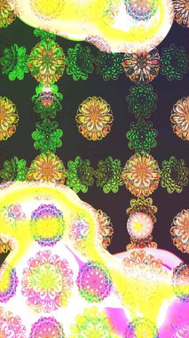 Yeşil ve sarı renkler üzerine çiçek desenli çizimler, el yapımı papatyalar, papatyalar. Tekrarlayan çiçek arkaplanı, zarif yeşil ve sarı çiçekler duvar kağıdı.