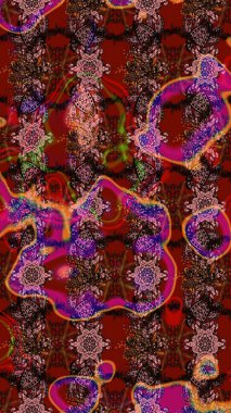 Colorful ornamental border. On brown and red colors. Indian ornament. Raster illustration. Sketch pattern. Floral wallpaper.