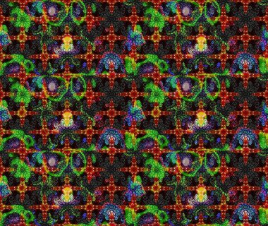 Üzerinde gelincikler ve vadi zambakları olan renkli çiçek desenli nakış deseni. Tekstil tasarımı için siyah renkli geleneksel halk çiçekleri buketi.