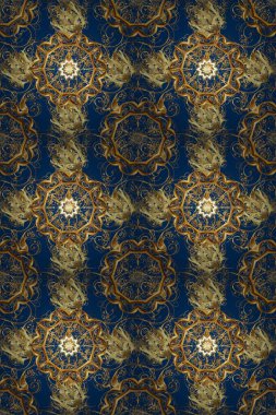 Classic vintage background. Seamless classic raster golden pattern. Traditional orient ornament. Raster illustration. Seamless pattern on pleasant colors with golden elements.