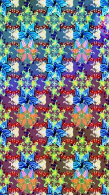 Renkli Bahar Teması eskiz kalıbı. Mavi ve yeşil renkli çiçekler. Düz Çiçek Elementleri Tasarımı. Raster illüstrasyonunda çiçek deseni çizimi.