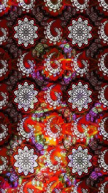 Modern çiçek arkaplanı. Halk tarzı. Moda baskıları için zarif bir şablon. Parlak renkli çiçekleri olan ve kahverengi ve kırmızı renkte yaprakları olan inanılmaz bir çiçek deseni..