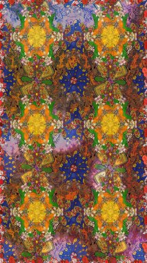 Üzerinde gelincikler ve vadi zambakları olan renkli çiçek desenli nakış deseni. Tekstil tasarımı için geleneksel Raster çiçek buketi kahverengi ve yeşil renkler.