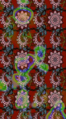 Suluboya elle çizilmiş çiçek desenli eskiz deseni. Parlak renkli fantezi çiçekleri, yapraklar, kahverengi ve kırmızı renkli tomurcuklar kahverengi ve kırmızı.