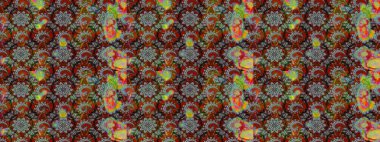 Eskiz modeli etnik tasarım. Yatak çarşafları, ceket, paket tasarımı, kumaş ve moda kavramları için tekstil baskısı. Çiçekleri, deniz kabukları, mandalaları ve suluboya efektleri olan deniz altyapısı.