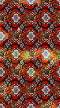 Parlak renkli çiçekleri ve kahverengi ve kırmızı renkte yaprakları olan harika bir çiçek deseni. Moda baskıları için zarif bir şablon. Halk tarzı. Modern çiçek arkaplanı.