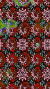 Kırmızı ve kahverengi renkte çiçekler. Kumaş desenli papatya çiçekleri ayrıntıları.