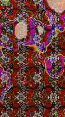 Raster deseni. Kahverengi ve kırmızı renklerde bahar çiçekleri. Raster illüstrasyonu. Patlayan çiçekler soyut yerleştirilmiş.