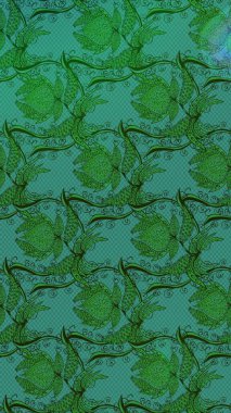 Raster illüstrasyonundaki çiçek desenli çizim. Yeşil ve mavi renkte çiçekler.