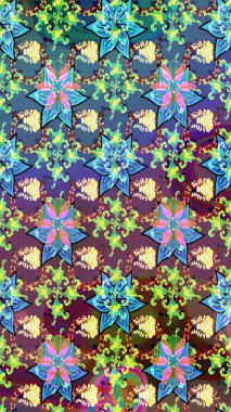 Raster illüstrasyonu. El yapımı çiçek ve bitki koleksiyonu. Robot resim tarzı mavi ve kahverengi renkler. Şirin karalama çiçekleri olan kusursuz çiçek desenleri. Raster illüstrasyonu.