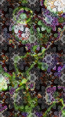 Çok renkli ve siyah zarif küçük çiçekler ve gri ve siyah renkli komik böcekler, raster deseni, illüstrasyon.