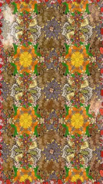 Şirin çiçekli, desenli, kahverengi ve bej renkli çizimler. El çizimi çiçek çizimi deseni (fayans). Tekstil için suluboya çizim deseni.