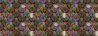 Raster Floral Illustration, Asyalı tekstil. Gri ve kahverengi renkli etnik çiçeklerle zarif bir eskiz..