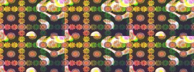 Güzel kumaş deseni. Zentangle soyut çiçekleri. Renkli Bahar Teması eskiz kalıbı. Raster illüstrasyonu. Düz Çiçek Elementleri Tasarımı. Çiçek tozu..