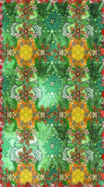 Soyut etnik raster çizim kalıbı. Çiçekler. Vadinin çiçekleri yeşil ve nötr renklerde.