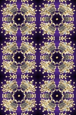 Backdrop, fabric, gold wallpaper. Flat hand drawn vintage collection. Raster golden seamless pattern. Golden pattern on violet, beige and gray colors with golden elements.