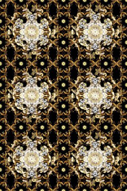Seamless oriental ornament in the style of baroque. Golden elements on black and brown colors. Traditional classic raster golden seamless pattern.
