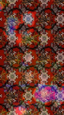 Raster illustration. Flowers on brown and red colors. Flat Flower Elements Design. Sketch flowers pattern. Colour Spring Theme sketch pattern Background. In asian textile style.