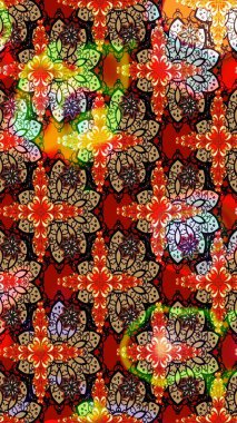 Yapraklı çiçekler ve kırmızı ve siyah renkli papatya çiçekleri. Raster - stok. Taslak arkaplan deseni.