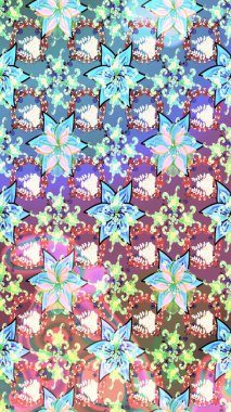 Renkli süs kenarı. Hint süsü. Çiçek duvar kağıdı. Raster illüstrasyonu. Kusursuz desen. Tarafsız ve mavi renklerde.