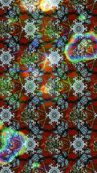 Süslü kumaş deseni. Renkli Bahar Teması eskiz kalıbı. Raster illüstrasyonundaki çiçek desenli çizim. Düz Çiçek Elementleri Tasarımı.