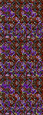 Kahverengi ve kırmızı arka planda. Çocuksu tasarım. Tekstil, kumaş, ambalaj, hatıra defteri için hoş bir çiçek arkaplanı. Elle çizilmiş karalama çiçekleri ile Raster çizim deseni.