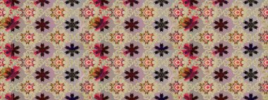 Moda baskıları için zarif bir şablon. Parlak renkli çiçekleri ve bej ve nötr renklerde yaprakları olan şaşırtıcı, pürüzsüz çiçek deseni. Halk tarzı. Modern çiçek arkaplanı.