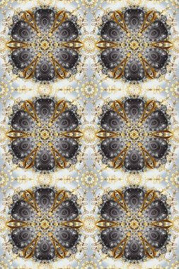 Barok tarzında altın çiçek süsü. Antika altın tekrarlanabilir duvar kağıdı. Gri, bej ve kahverengi renklerde altın element. Damask arkaplanı tekrarlayan kusursuz desen.