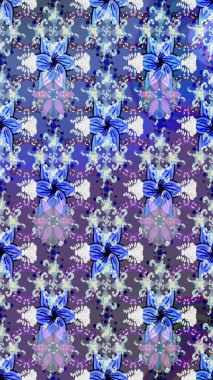 Patlayan çiçekler soyut olarak yerleştirilmiş. Raster deseni. Yumuşak, mavi renkte bahar çiçekleri. Raster illüstrasyonu.