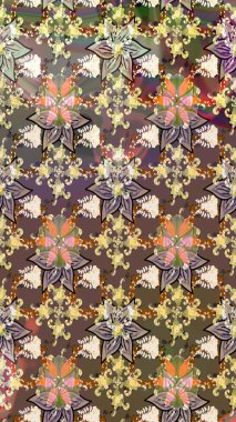 Modern çiçek arkaplanı. Moda baskıları için zarif bir şablon. Halk tarzı. Parlak renkli çiçekleri ve kahverengi ve bej renklerinde yaprakları olan şaşırtıcı, pürüzsüz çiçek deseni..