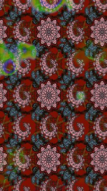 Kırmızı ve kahverengi renkte etnik çiçeklerle süslenmiş zarif bir eskiz şekli. Raster Çiçek İllüstrasyonu güzel tekstil..