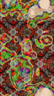 Suluboya elle çizilmiş çiçek desenli eskiz deseni. Parlak renkli fantezi çiçekleri, yapraklar, kahverengi ve yeşil renkli tomurcuklar kahverengi ve yeşil.