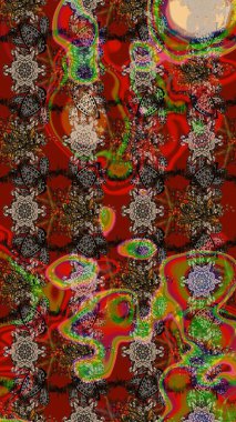 Raster illüstrasyonu. Suluboya çiçekli çiçek deseni. Kahverengi ve kırmızı renkli güzel tekstil.