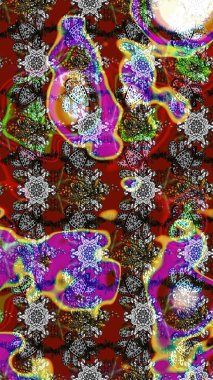 Eskiz modeli etnik tasarım. Yatak çarşafları, ceket, paket tasarımı, kumaş ve moda kavramları için tekstil baskısı. Çiçekleri, deniz kabukları, mandalaları ve suluboya efektleri olan deniz altyapısı.