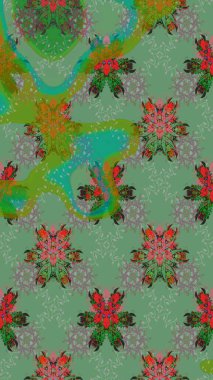 Şirin çiçekli, desenli, yeşil ve gri renklerde renksiz bir desen. Elle çizilmiş çiçek deseni (fayans). Tekstil için suluboya desensiz.