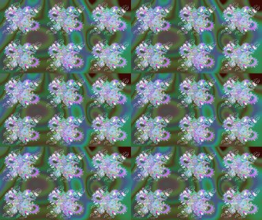 Renkli Bahar Teması eskiz kalıbı. Yeşil renkli şirin çiçek deseni. Raster Modaya uygun kumaş deseni. Düz Çiçek Elementleri Tasarımı.