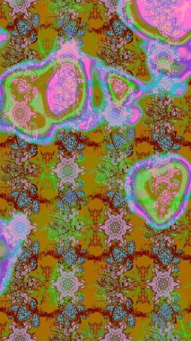 Raster. Yeşil ve kahverengi renkte güzel çiçekleri olan eskiz deseni, suluboya çiçek deseni, duvar kağıdı, kart veya kumaş için fayanslı.