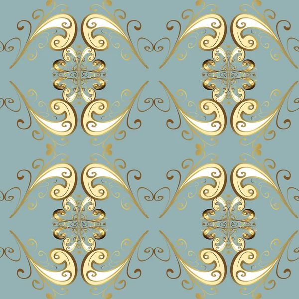 Gold on neutral and beige colors. Seamless medieval floral royal pattern. Vector illustration. Good for greeting card for birthday, invitation or banner. Decorative symmetry arabesque.