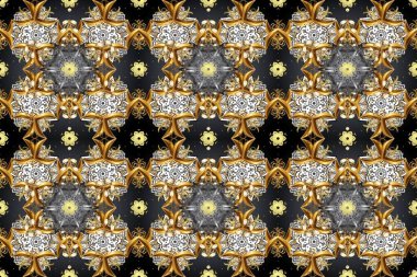 Winter snow texture wallpaper. Golden snowflakes on gray, brown and beige colors. Christmas golden snowflake seamless pattern. Symbol holiday, New Year celebration raster golden pattern.