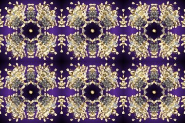 Golden pattern on violet, beige and gray colors with golden elements. Backdrop, fabric, gold wallpaper. Flat hand drawn vintage collection. Raster golden seamless pattern.