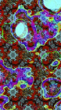 Raster deseni. Bahar çiçekleri dallı desen, mavi ve kırmızı renkler çiçekli siluet.