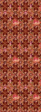 Kusursuz damaske klasik altın desen. Kırmızı ve kahverengi renklerde altın rengi ve altın elementleri var. Tekrarlayan elementlerle soyut arkaplan oluşturun. Raster illüstrasyonu.