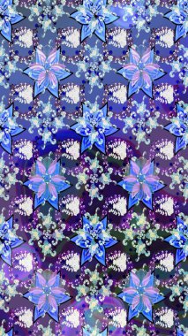 Mavi ve mor renkli çiçekler. Raster düz çiçek çizim deseni. Tasarım hediye paketi, tebrik kartları, posterler ve afiş tasarımı.