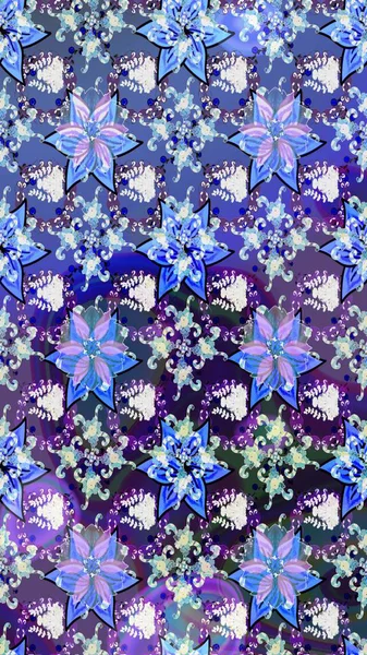 Mavi ve mor renkli çiçekler. Raster düz çiçek çizim deseni. Tasarım hediye paketi, tebrik kartları, posterler ve afiş tasarımı.