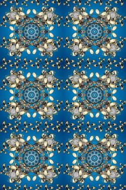 Altın element mavi, gri ve nötr renklerde. Doku arka planında altın duvar kâğıdı. Damask kusursuz yinelenen arkaplan. Barok tarzında altın çiçekli süs..