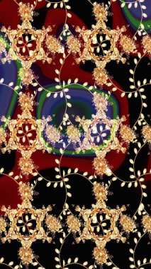 Siyah, kırmızı ve bej renkli etnik çiçeklerle süslenmiş zarif bir eskiz deseni. Asya Tekstil 'inde Raster Çiçek İllüstrasyonu.