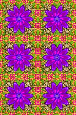 Soyut etnik raster kusursuz desen. Kabile sanatı boho baskısı, klasik çiçek arkaplanı. Arkaplan dokusu, duvar kağıdı, çiçek teması sarı, mor ve yeşil renkler.