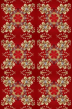 Kırmızı, kahverengi ve bej renklerde altın rengi ve altın elementler. Noel, kar tanesi, yeni yıl. Kırmızı, kahverengi ve bej renklerde, altın elementlerle kusursuz klasik desen.